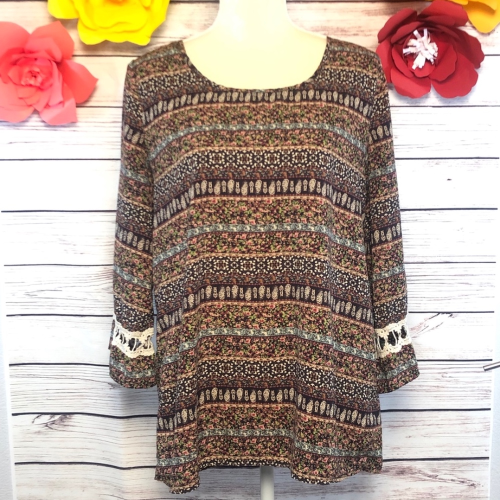 PINK OWL WOMEN BLOUSE BROWN LONG SLEEVE SIZE L